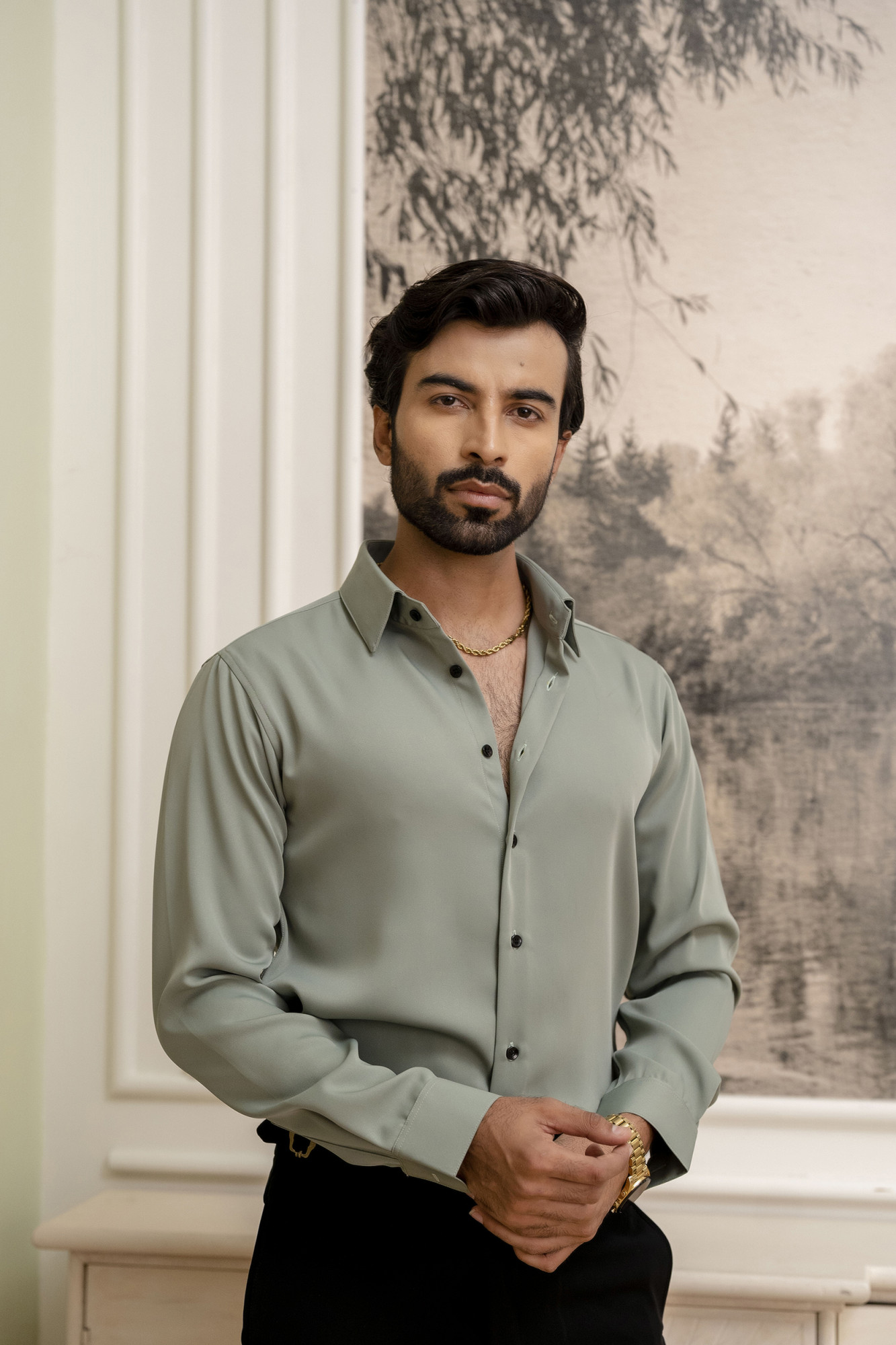 Classic Old Money Formal Shirt In Off Green