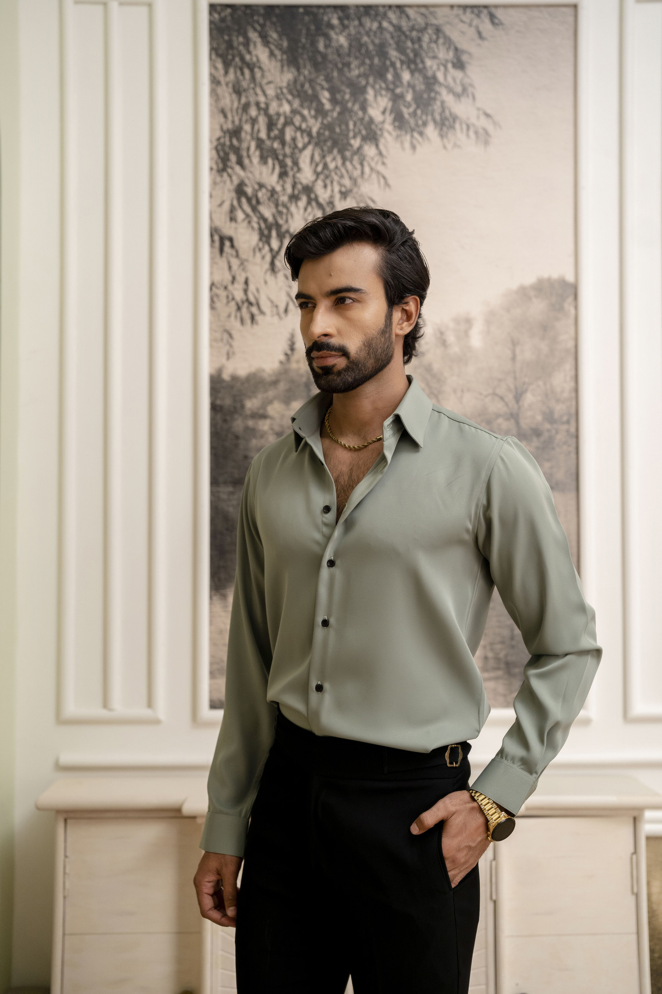 Classic Old Money Formal Shirt In Off Green