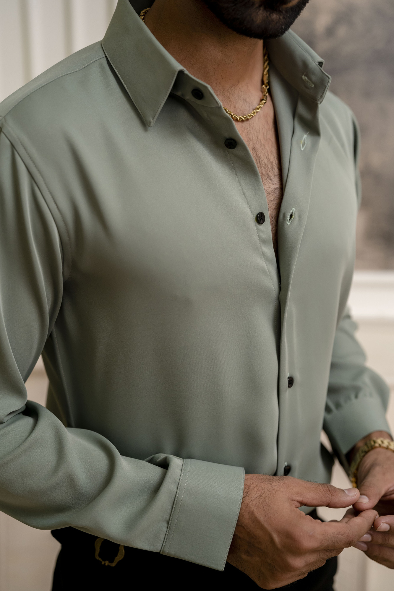 Classic Old Money Formal Shirt In Off Green