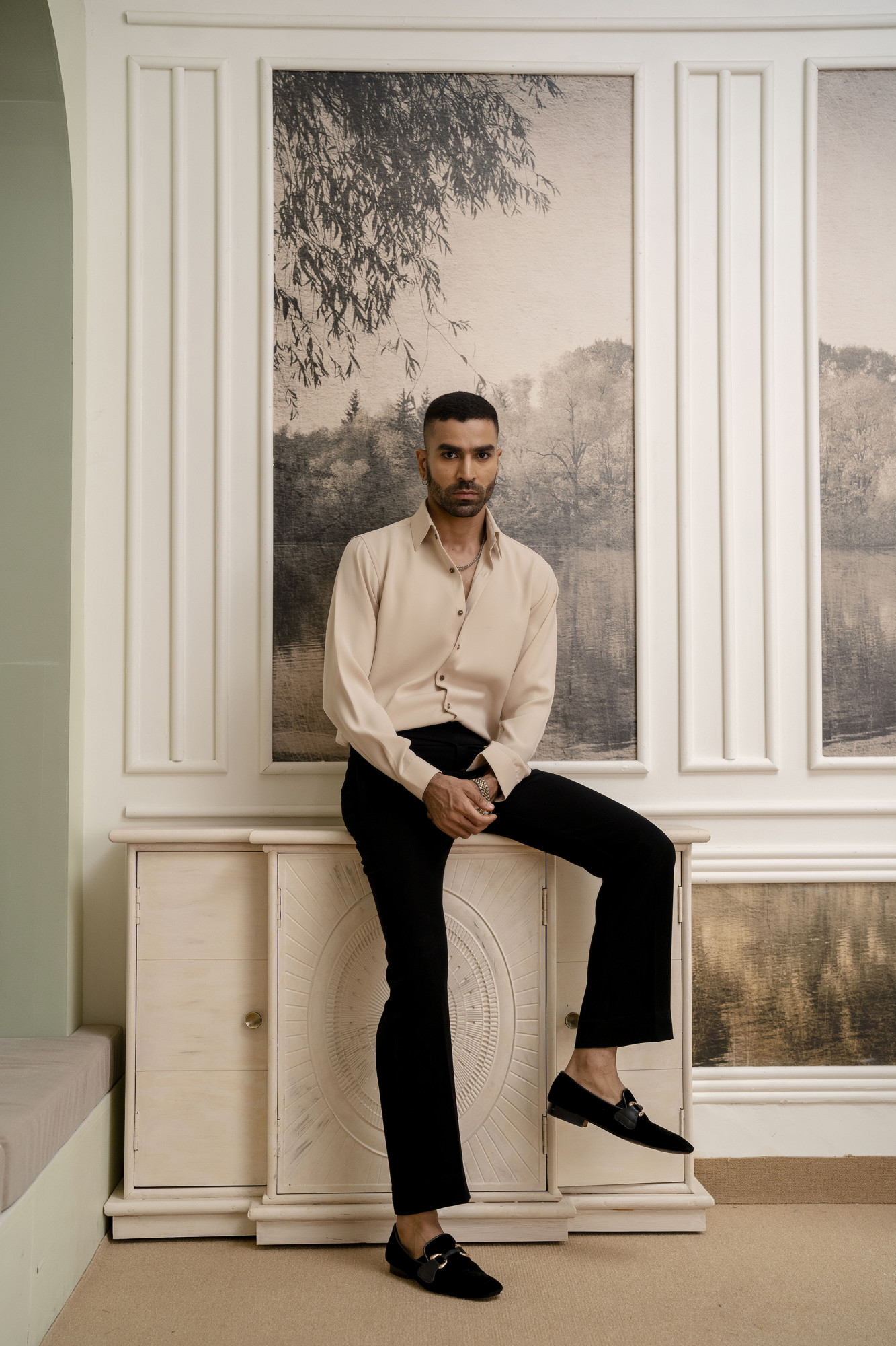 Flowing Japanese Solid Formal Shirt In Beige