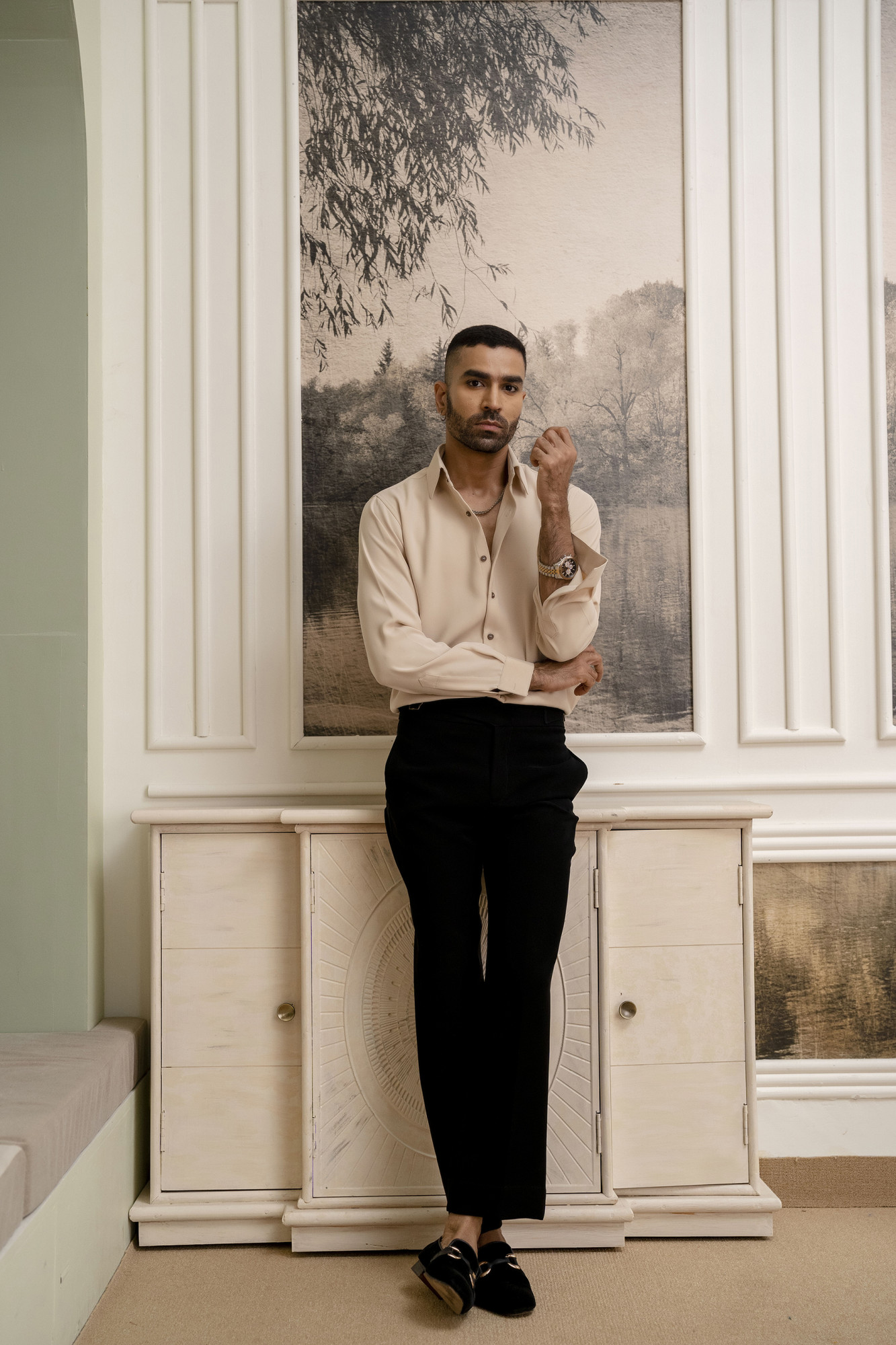 Flowing Japanese Solid Formal Shirt In Beige