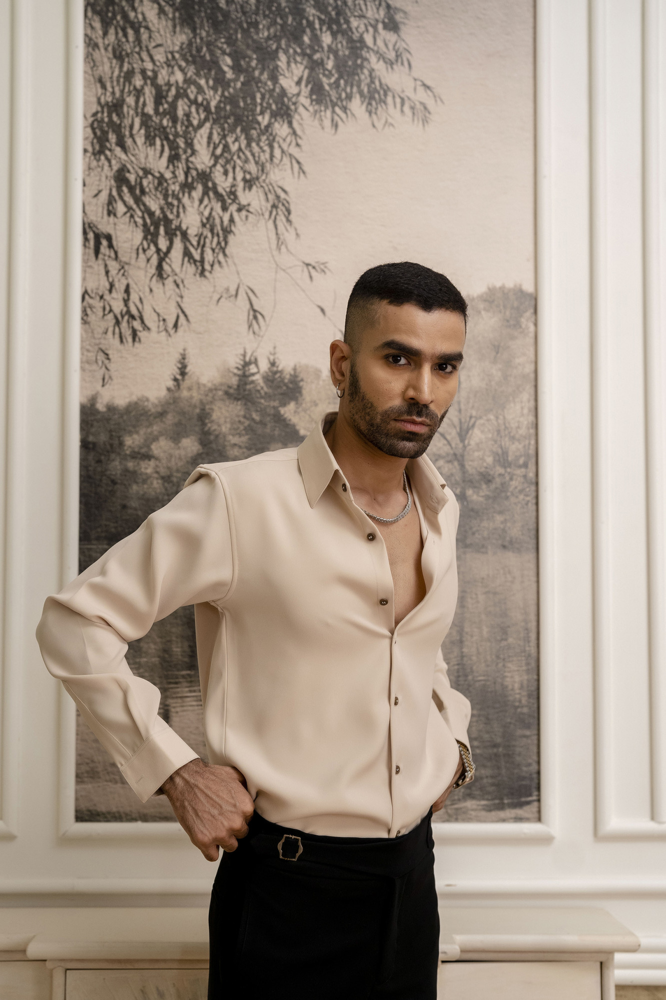 Flowing Japanese Solid Formal Shirt In Beige