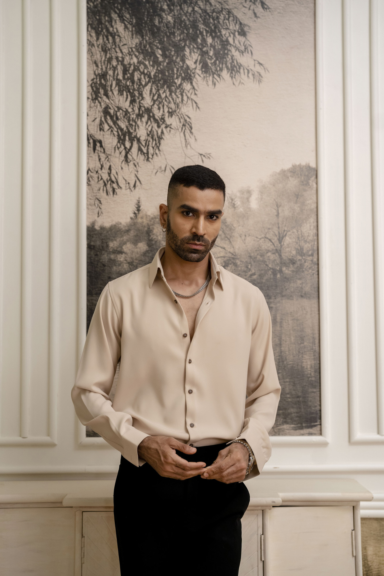 Flowing Japanese Solid Formal Shirt In Beige