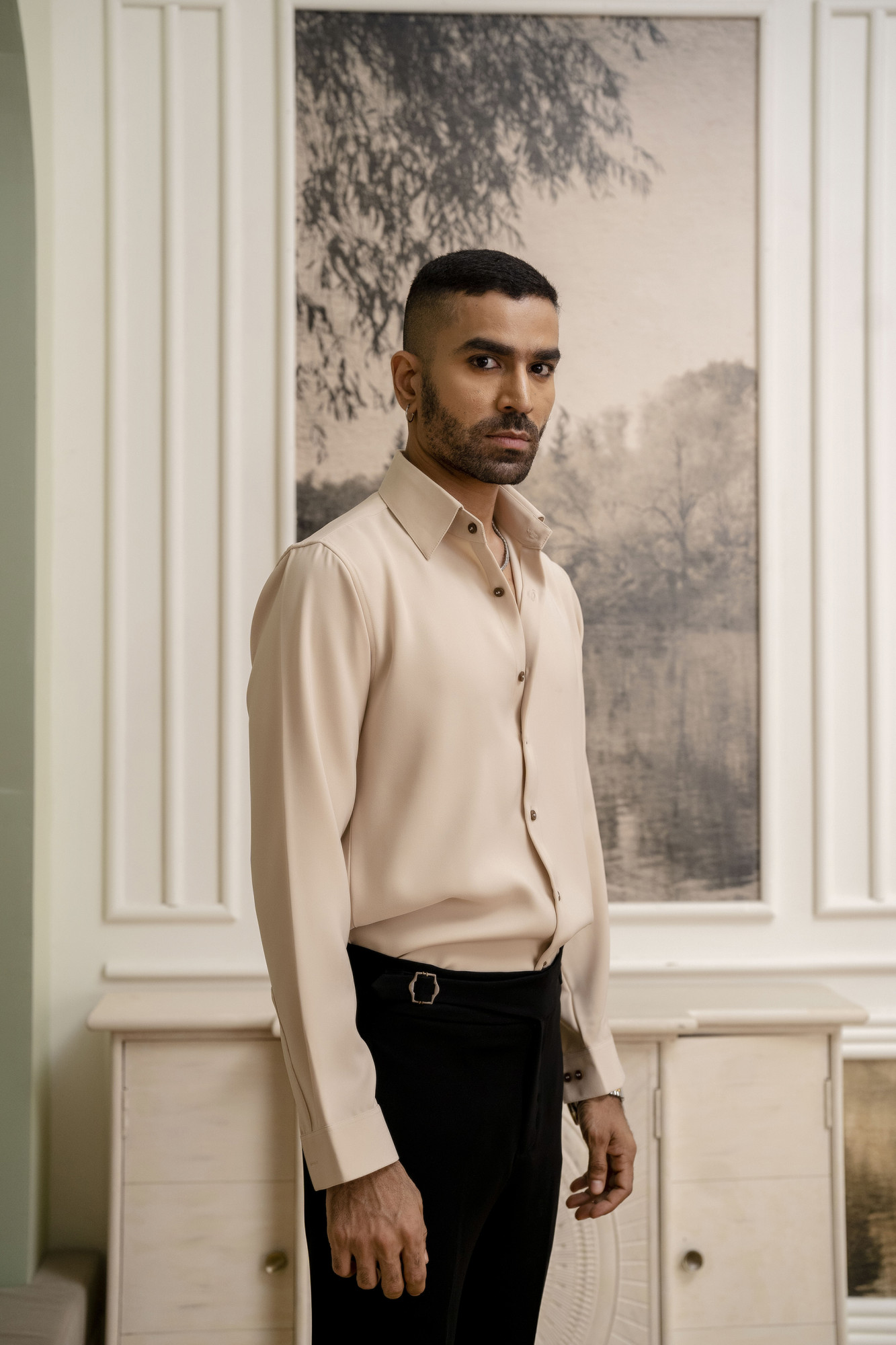 Flowing Japanese Solid Formal Shirt In Beige