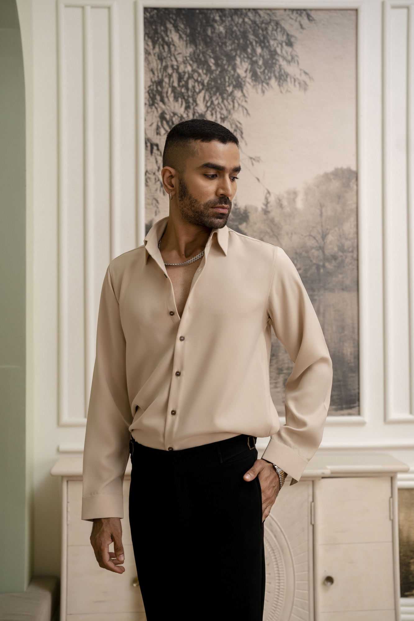 Flowing Japanese Solid Formal Shirt In Beige