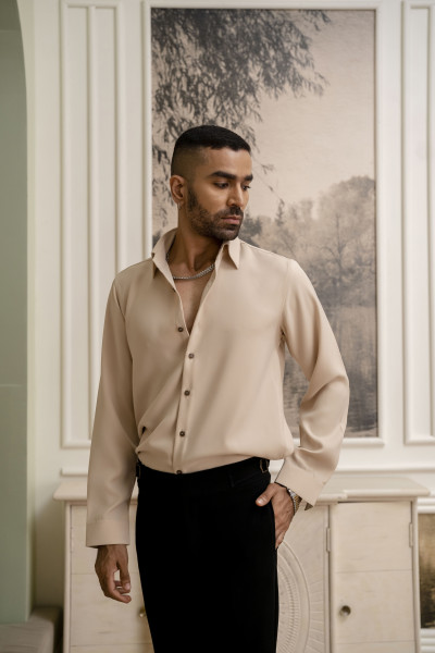 Flowing Japanese Solid Formal Shirt In Beige