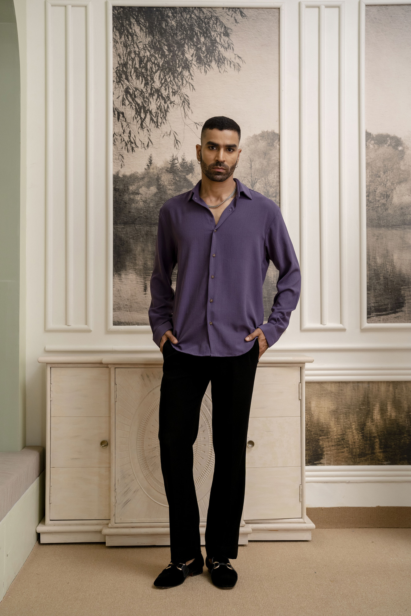 Textured Flowing Shirt In Purple