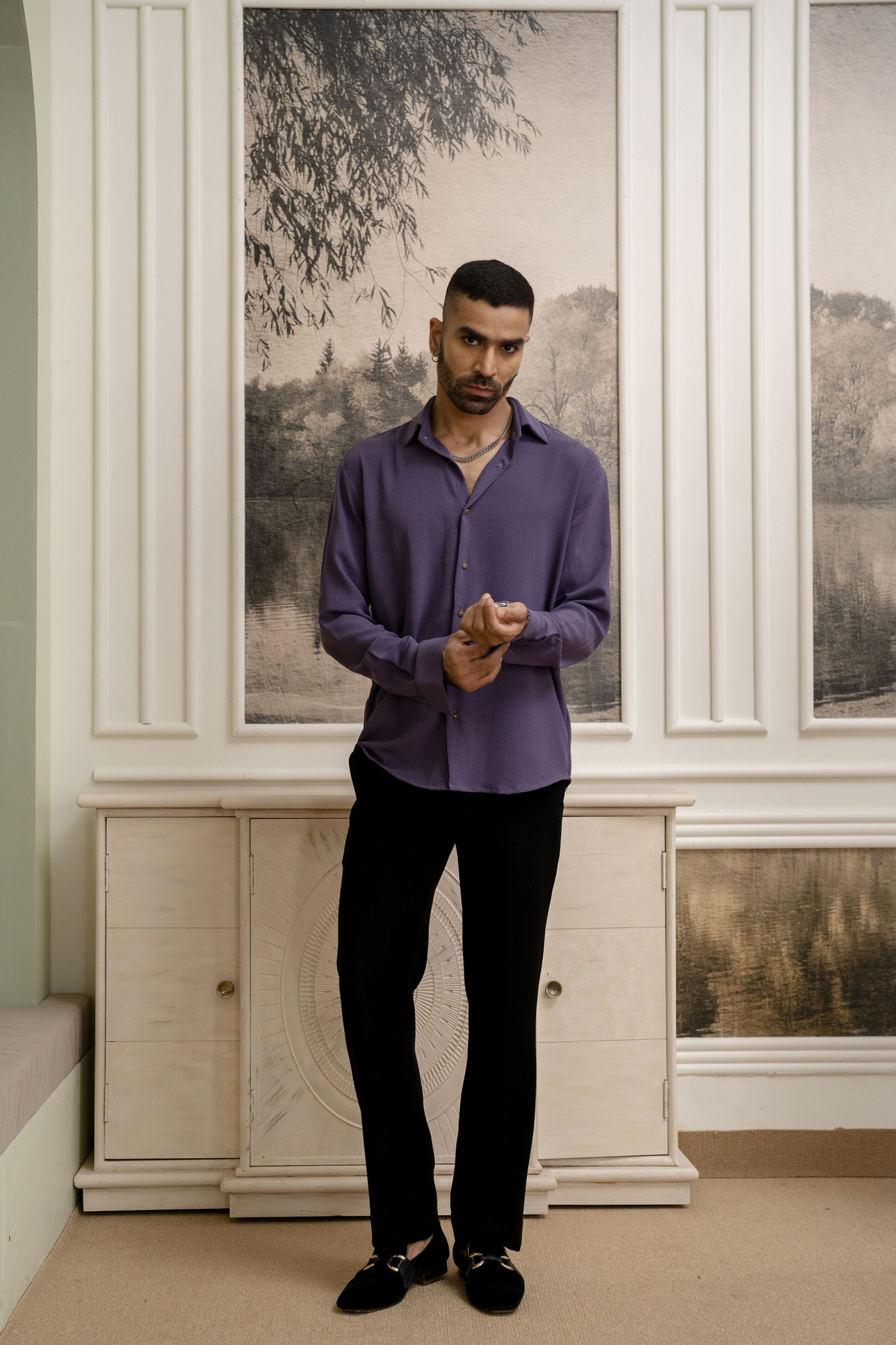 Textured Flowing Shirt In Purple
