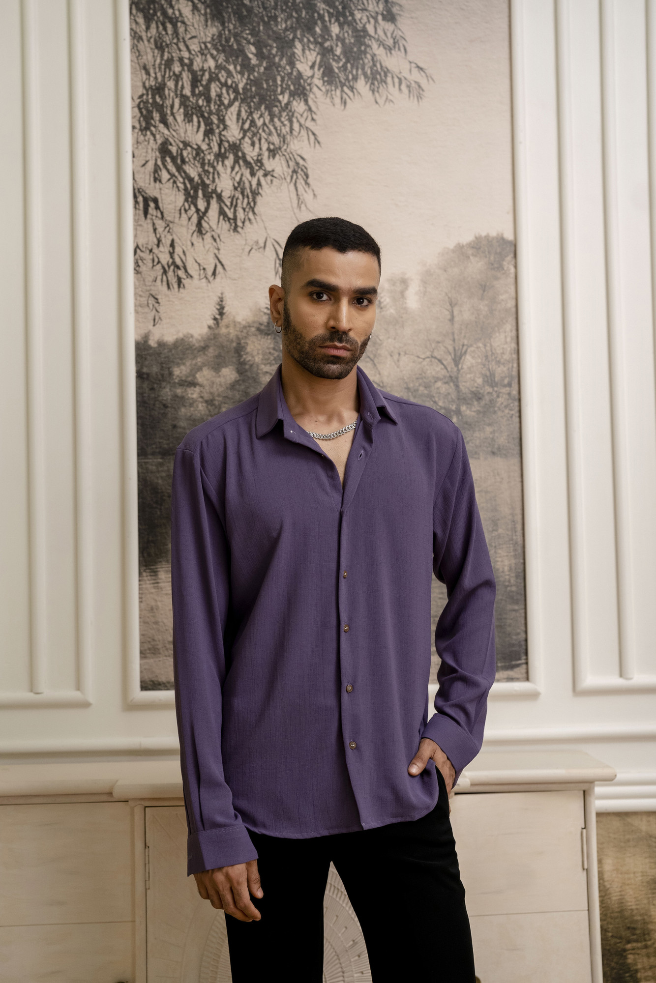 Textured Flowing Shirt In Purple