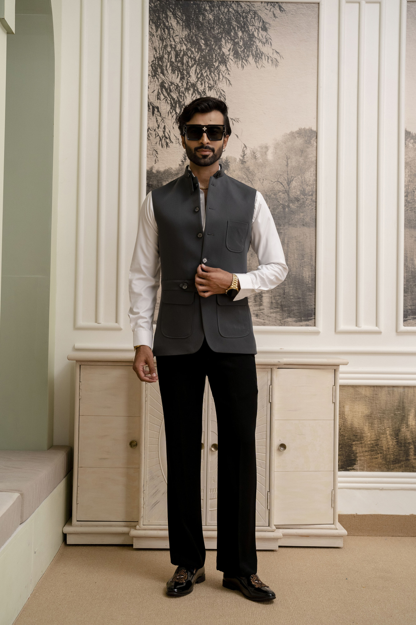 Belted Patch Pocket Jacket In Grey