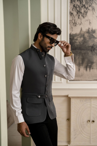 Belted Patch Pocket Jacket In Grey