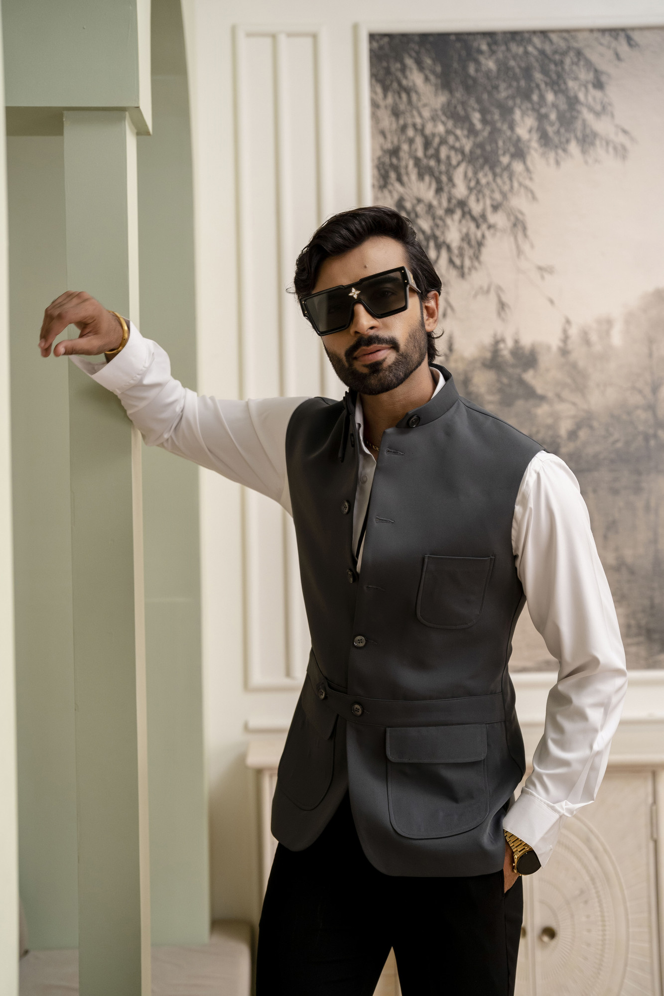 Belted Patch Pocket Jacket In Grey