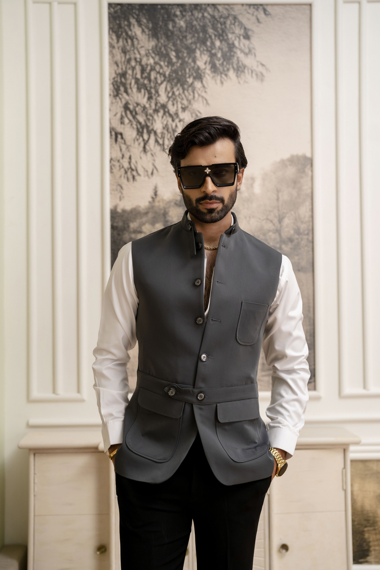 Belted Patch Pocket Jacket In Grey