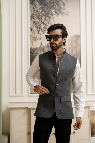 Belted Patch Pocket Jacket In Grey