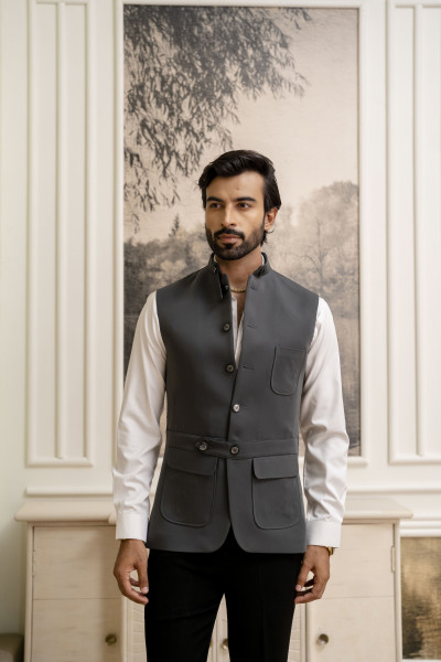 Belted Patch Pocket Jacket In Grey