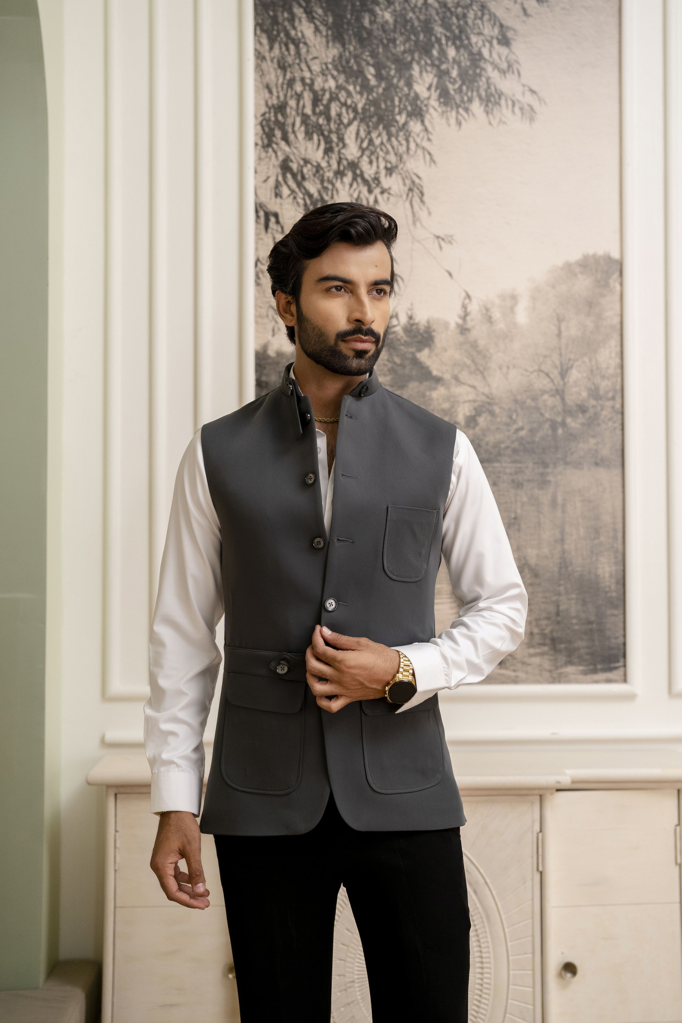 Belted Patch Pocket Jacket In Grey