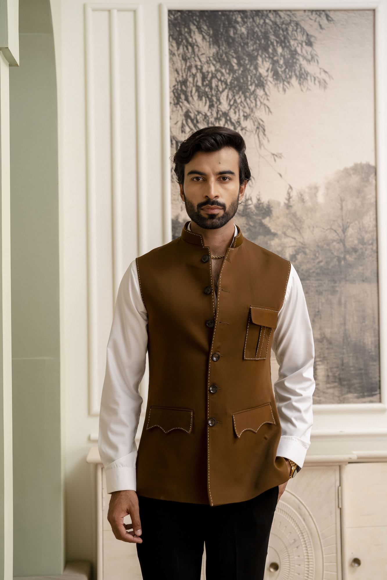 Threaded Patch Pocket Jacket In Tan