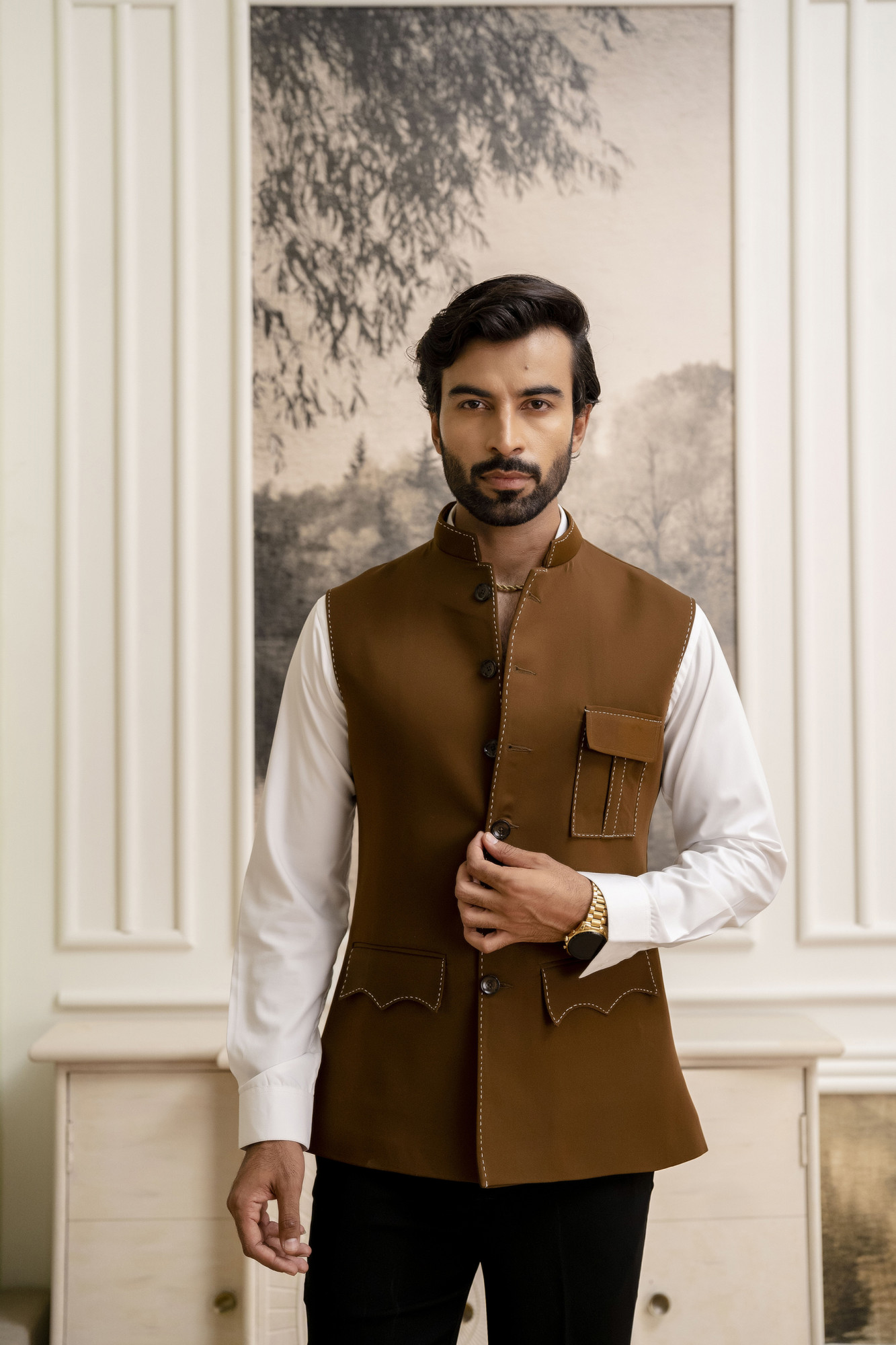 Threaded Patch Pocket Jacket In Tan