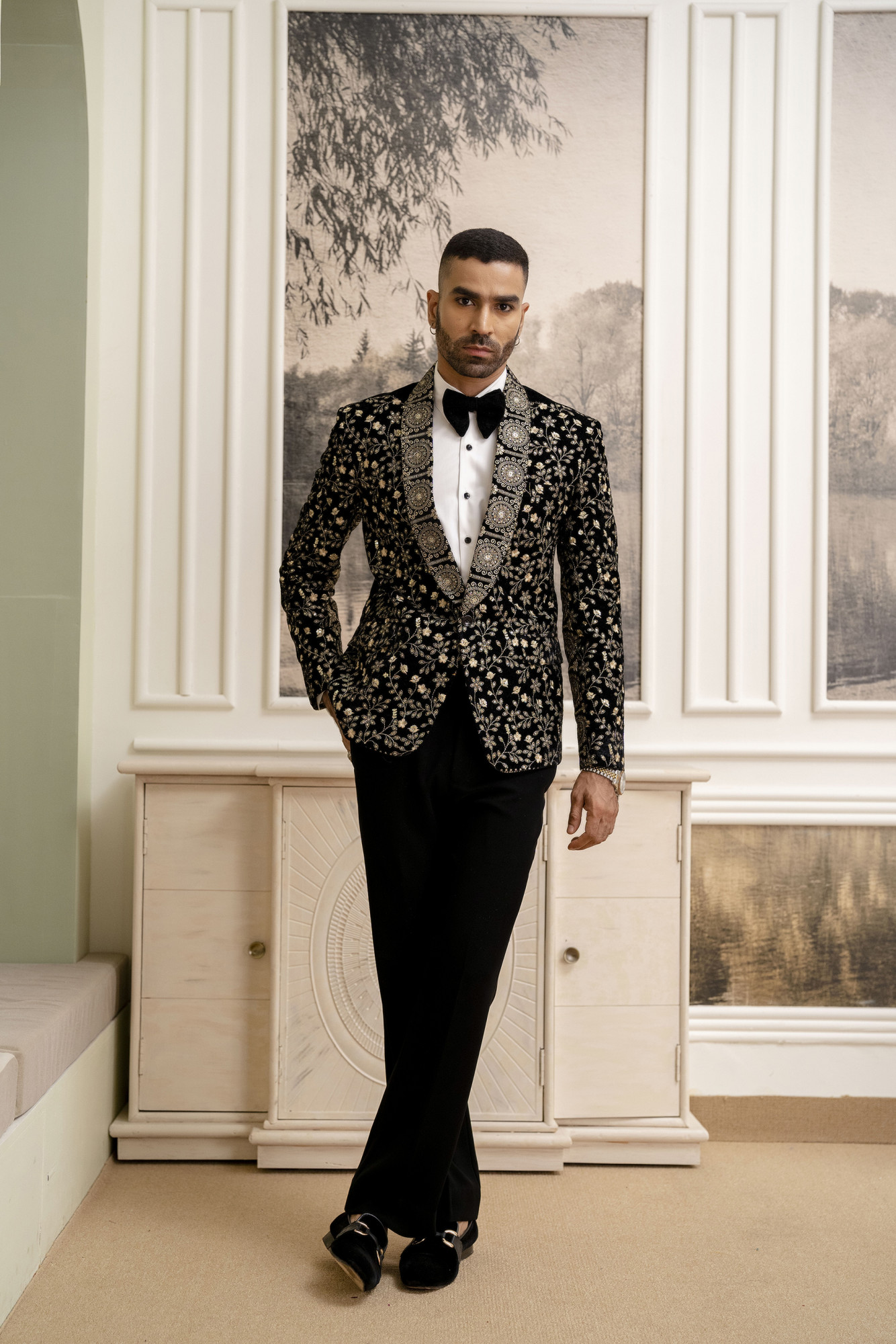 Gold Embroidered Blazer In Black Velvet