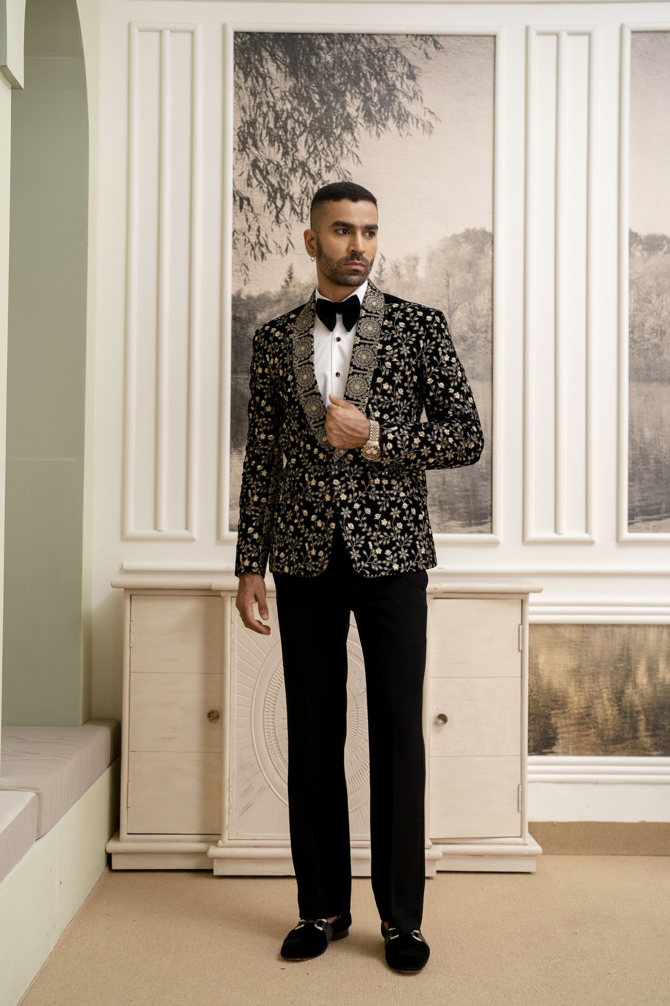 Gold Embroidered Blazer In Black Velvet