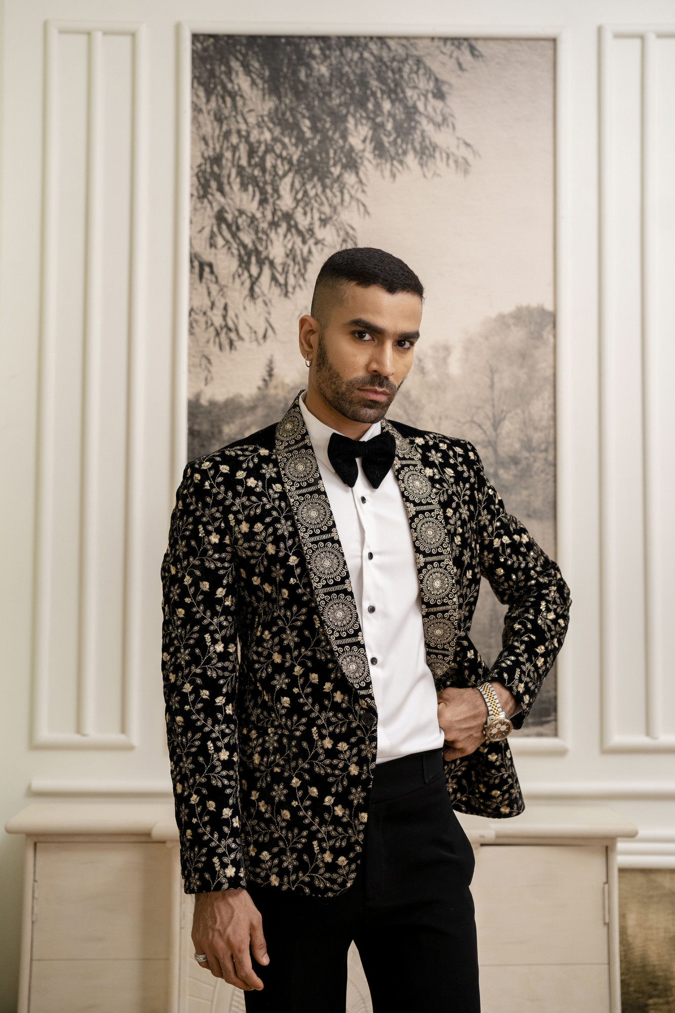 Gold Embroidered Blazer In Black Velvet