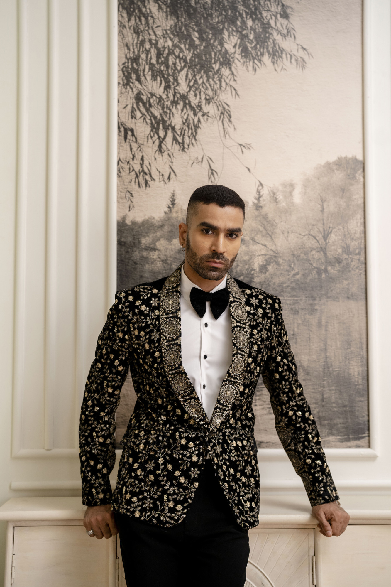 Gold Embroidered Blazer In Black Velvet