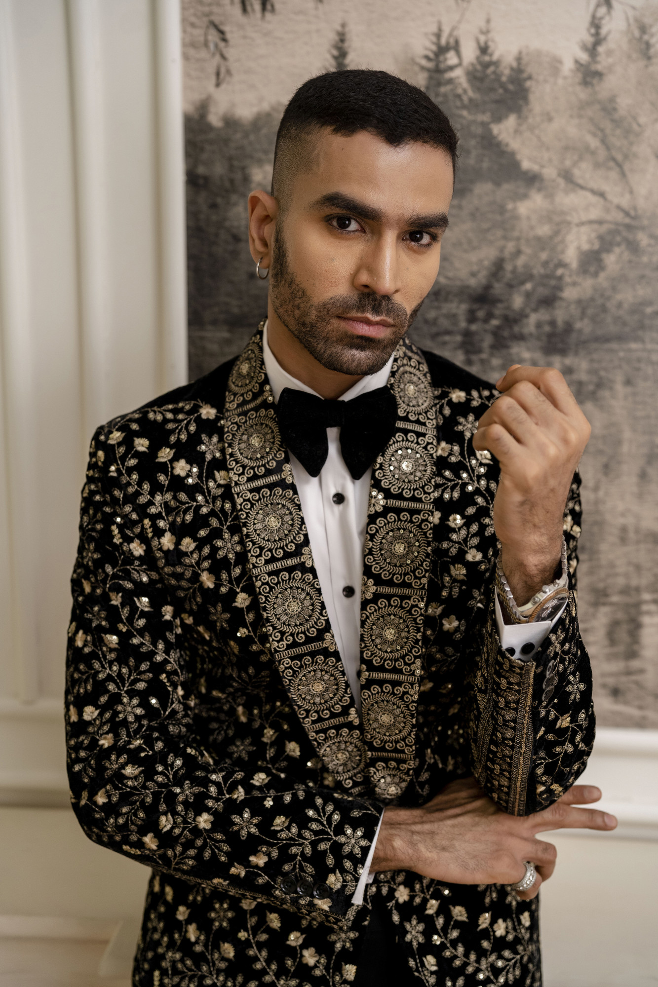 Gold Embroidered Blazer In Black Velvet