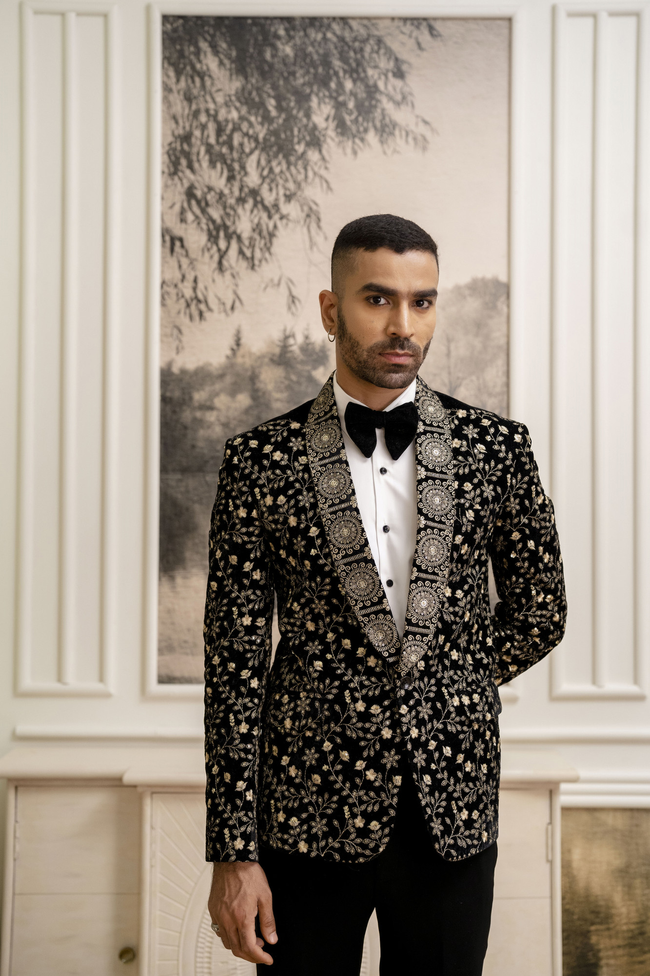 Gold Embroidered Blazer In Black Velvet