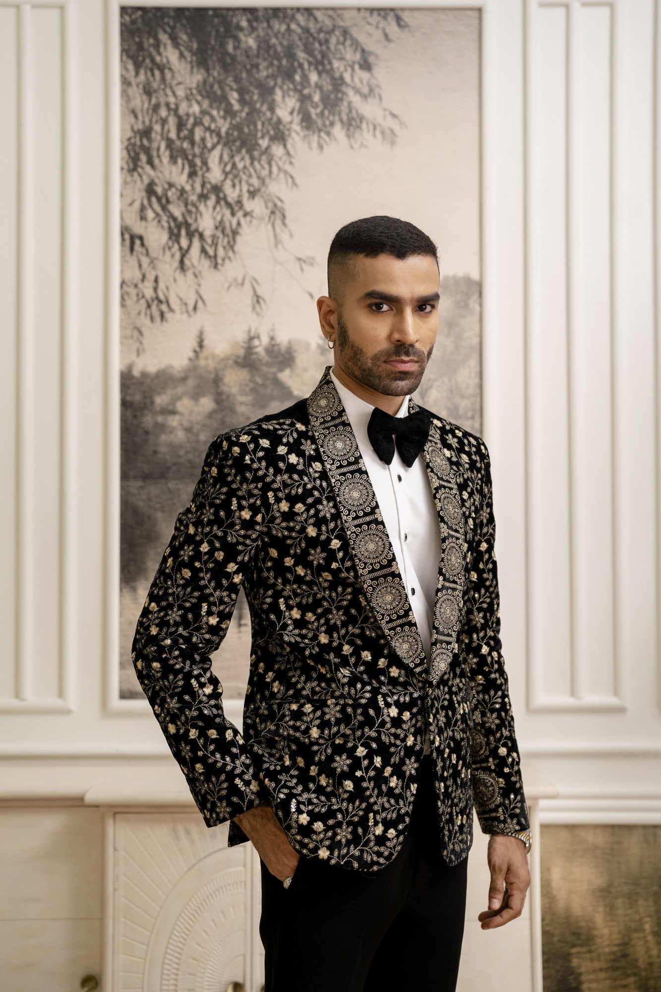 Gold Embroidered Blazer In Black Velvet