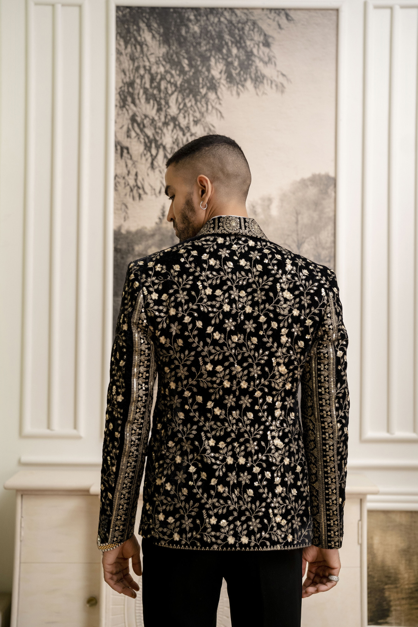 Gold Embroidered Blazer In Black Velvet