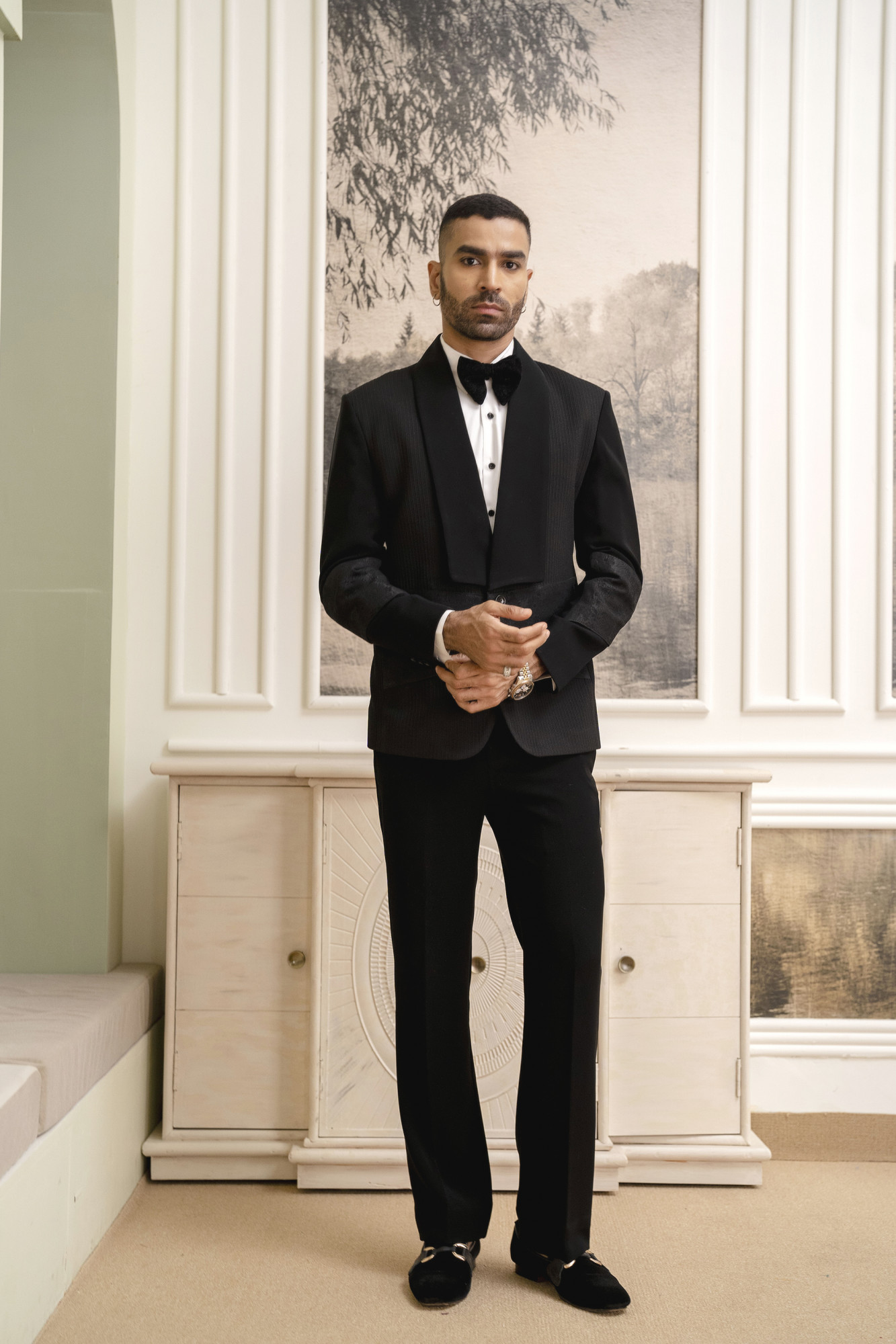 Jacquard Motif Tuxedo Blazer In Black