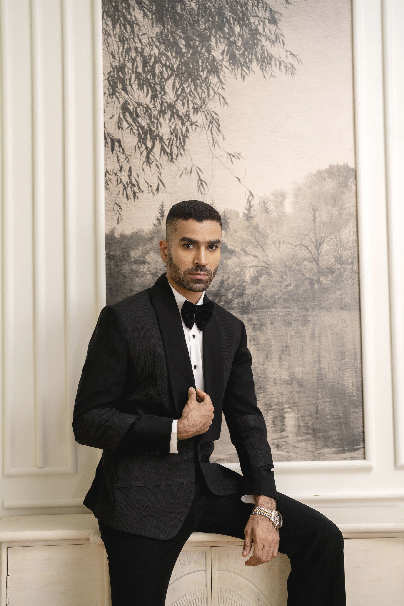 Jacquard Motif Tuxedo Blazer In Black