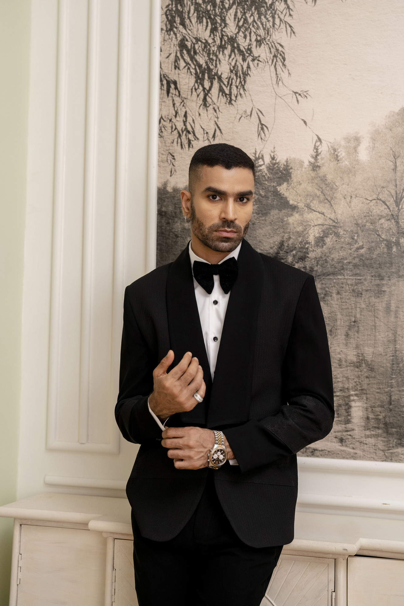 Jacquard Motif Tuxedo Blazer In Black