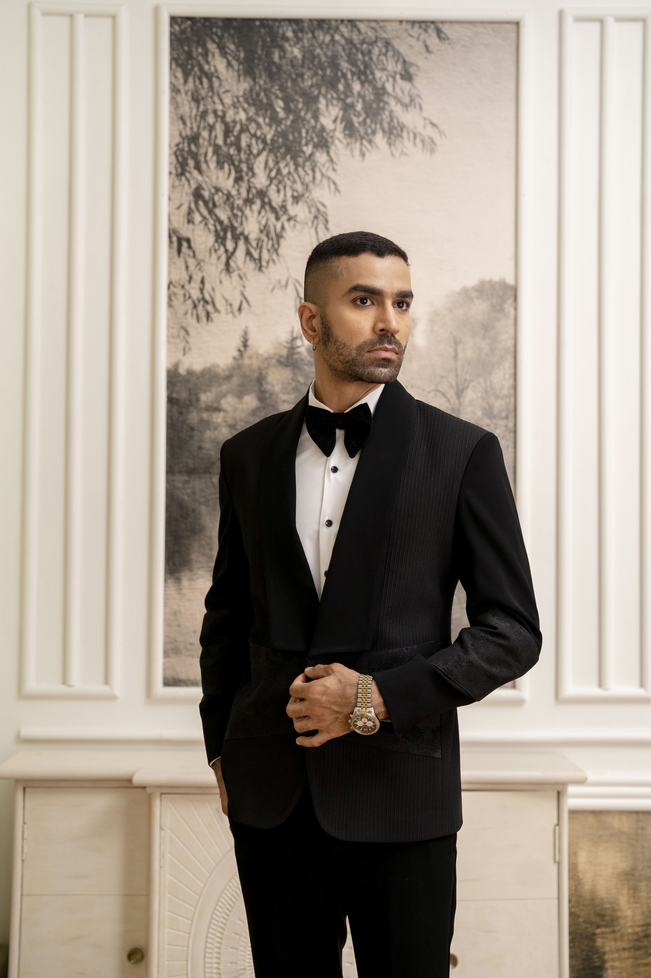 Jacquard Motif Tuxedo Blazer In Black