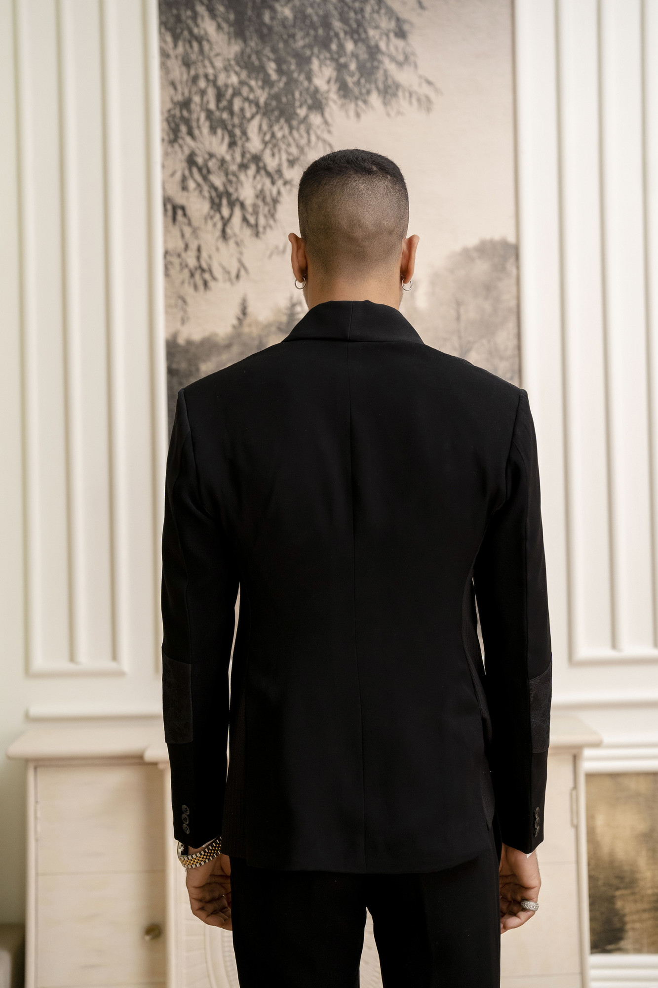 Jacquard Motif Tuxedo Blazer In Black