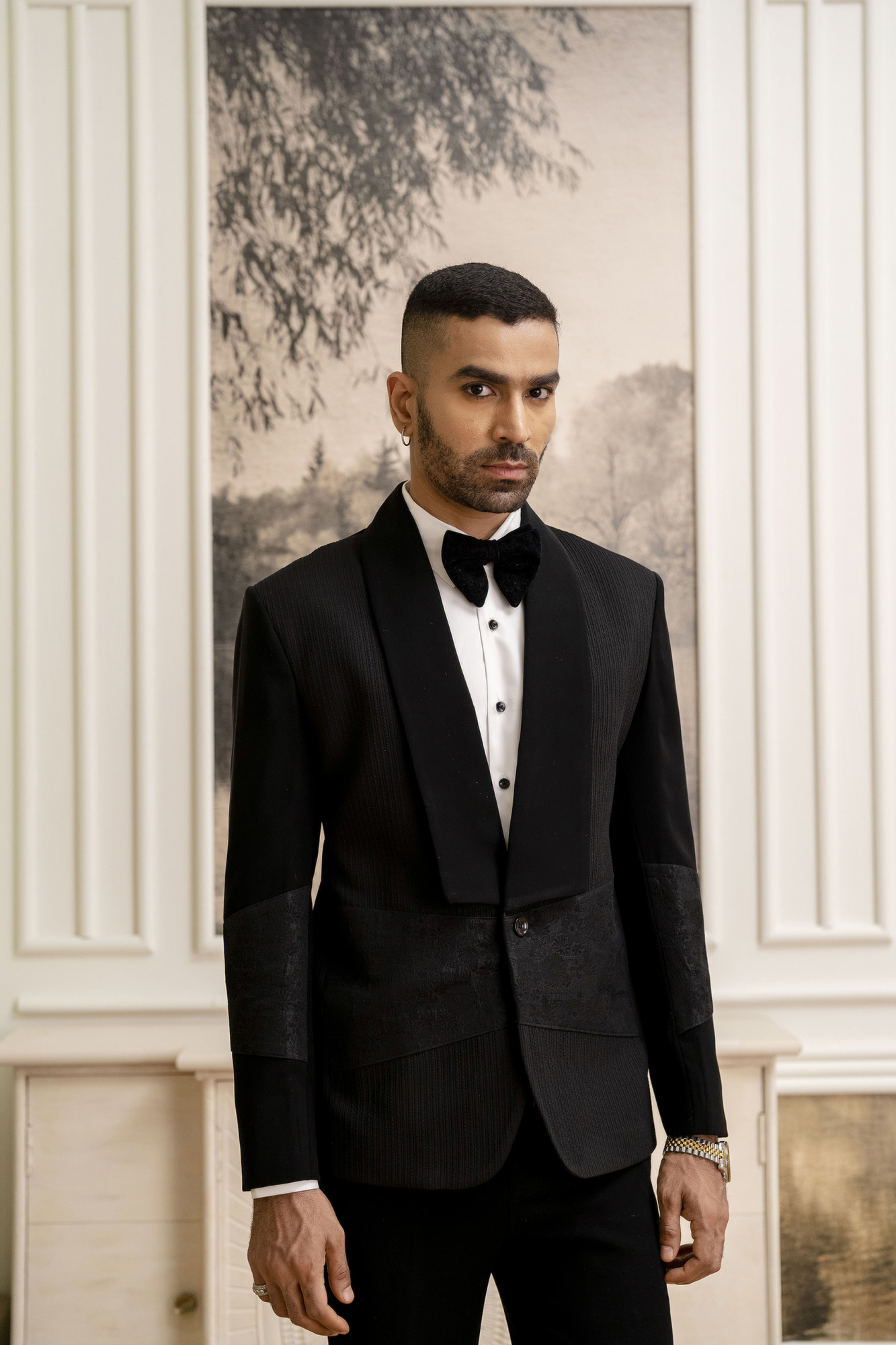 Jacquard Motif Tuxedo Blazer In Black