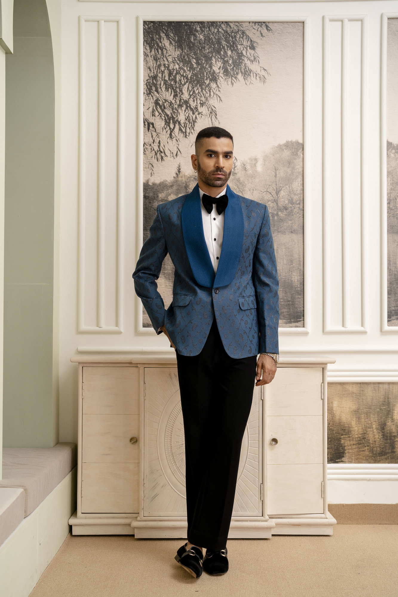 Cotton Jacquard Blazer In Teal Blue