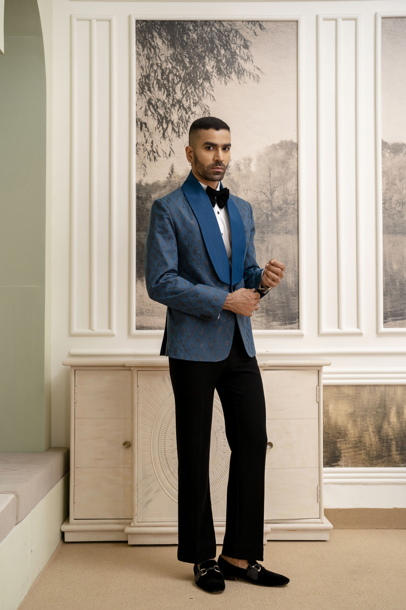 Cotton Jacquard Blazer In Teal Blue