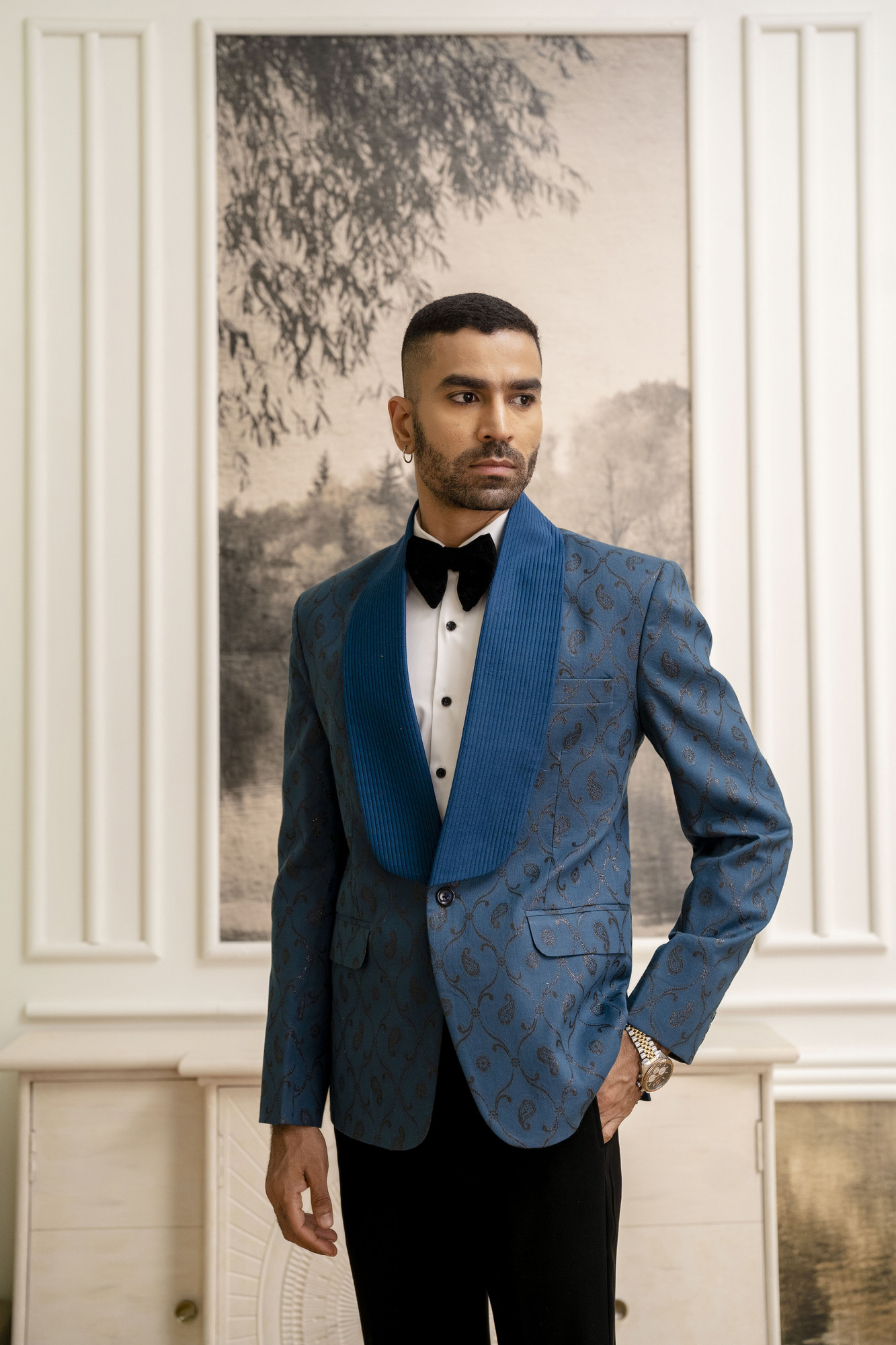 Cotton Jacquard Blazer In Teal Blue