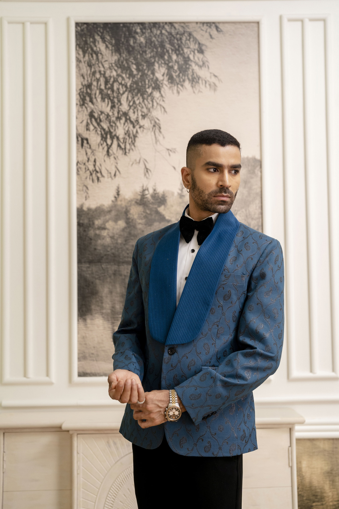 Cotton Jacquard Blazer In Teal Blue