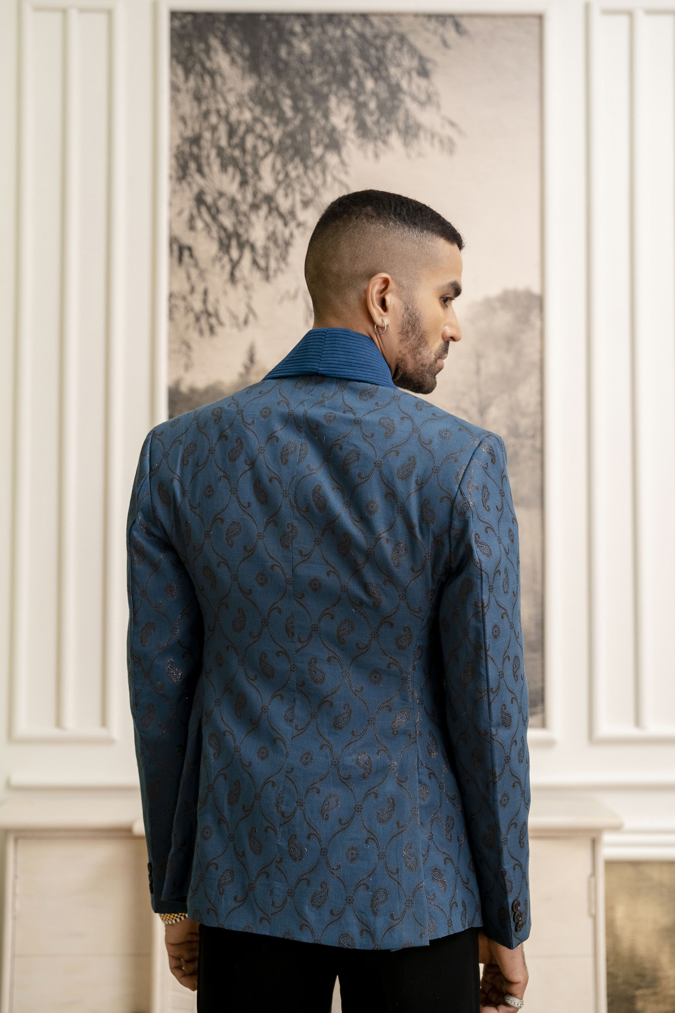 Cotton Jacquard Blazer In Teal Blue
