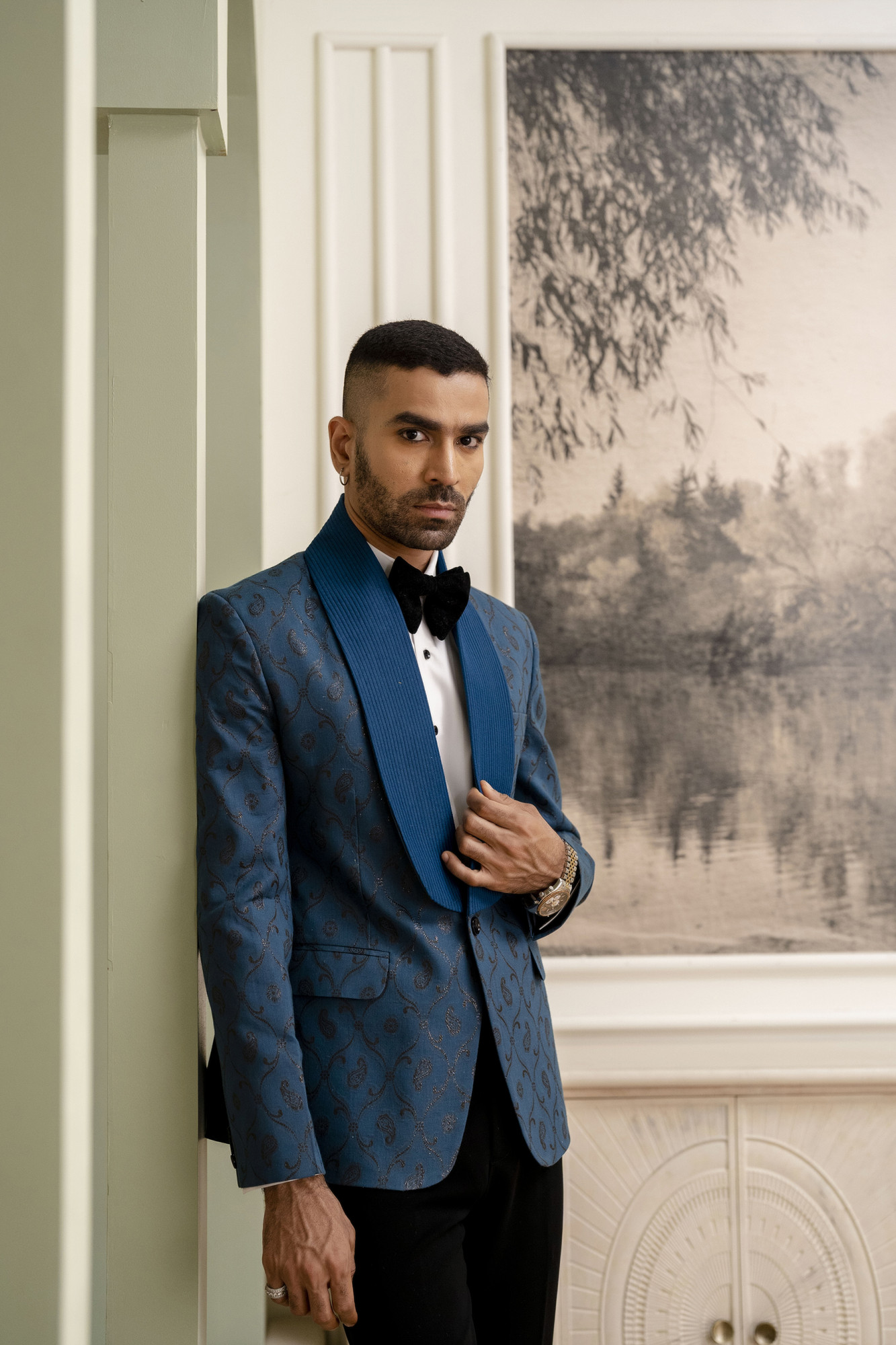 Cotton Jacquard Blazer In Teal Blue