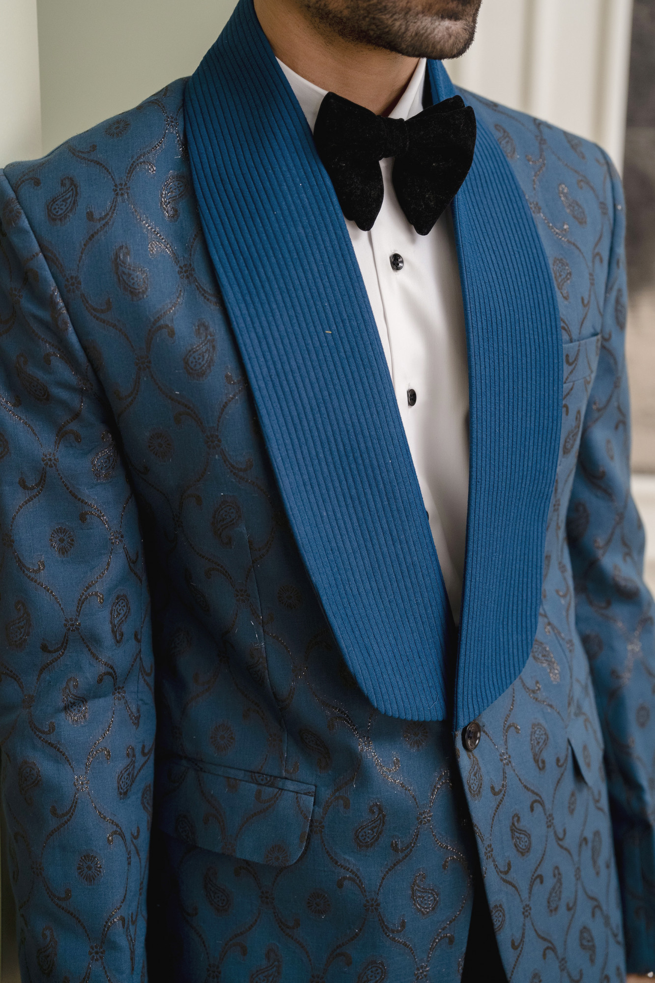 Cotton Jacquard Blazer In Teal Blue