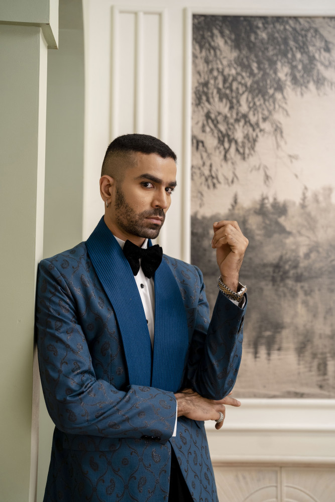 Image of Cotton Jacquard Blazer In Teal Blue