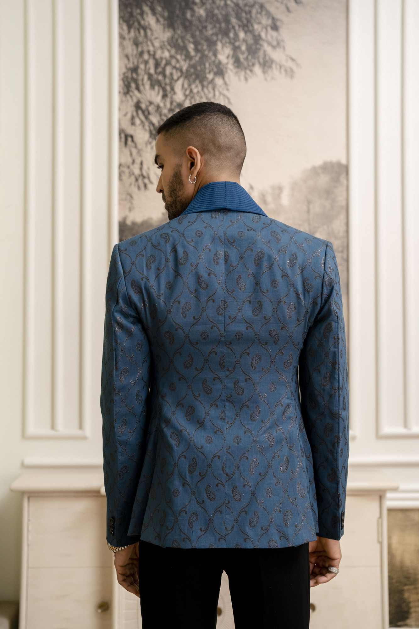 Cotton Jacquard Blazer In Teal Blue