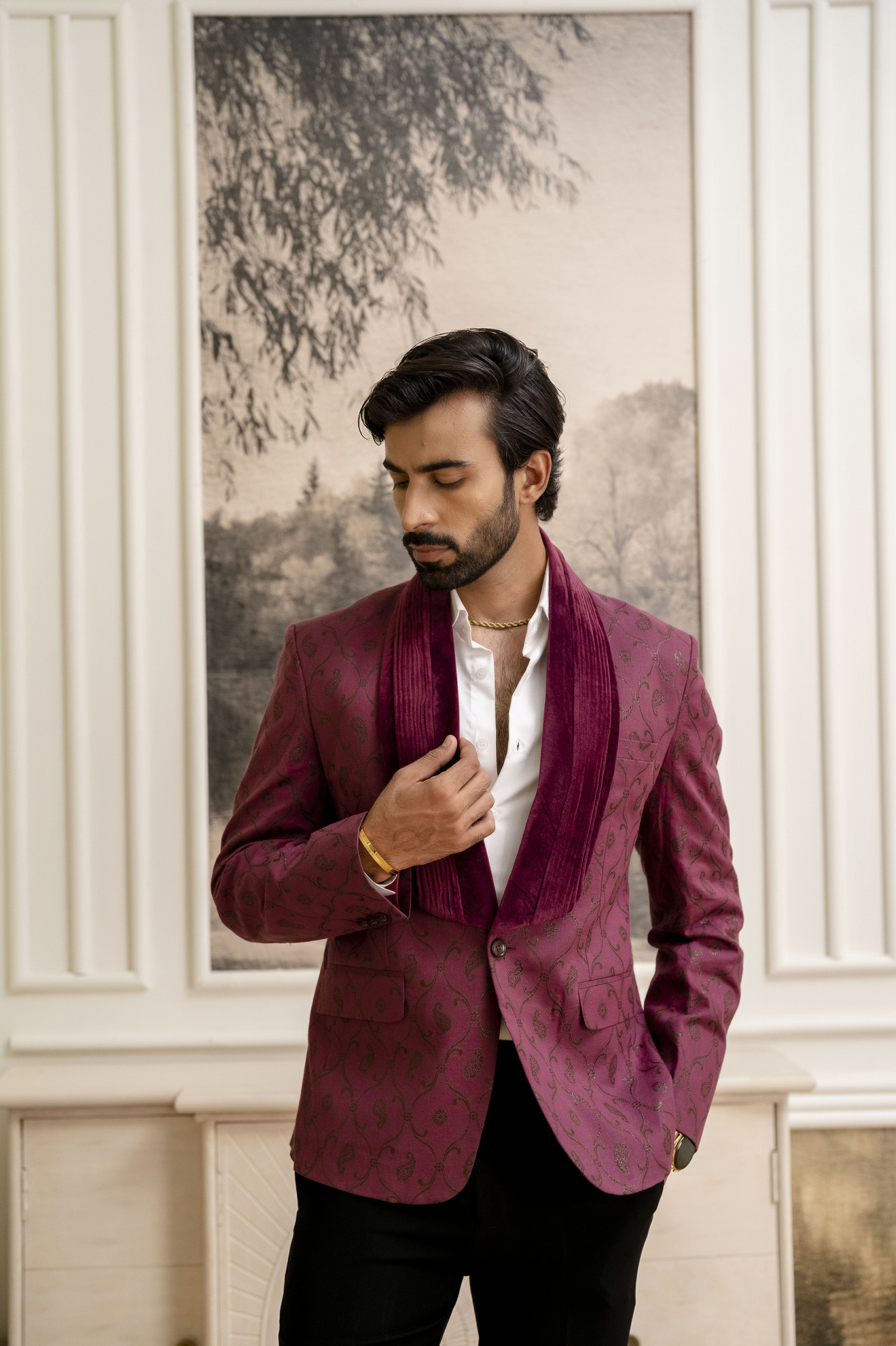 Cotton Jacquard Blazer In Burgundy