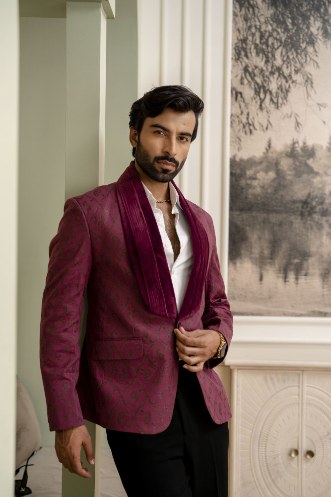 Image of Cotton Jacquard Blazer In Burgundy