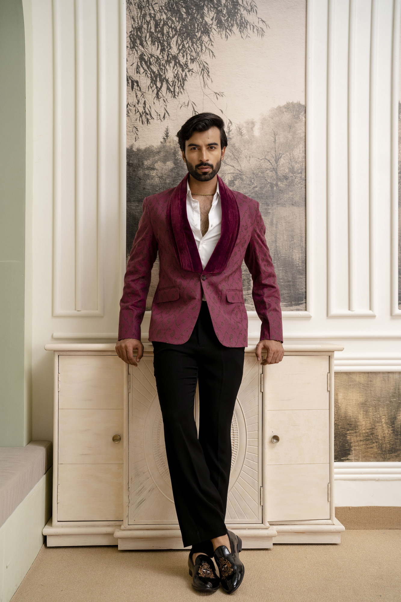 Cotton Jacquard Blazer In Burgundy