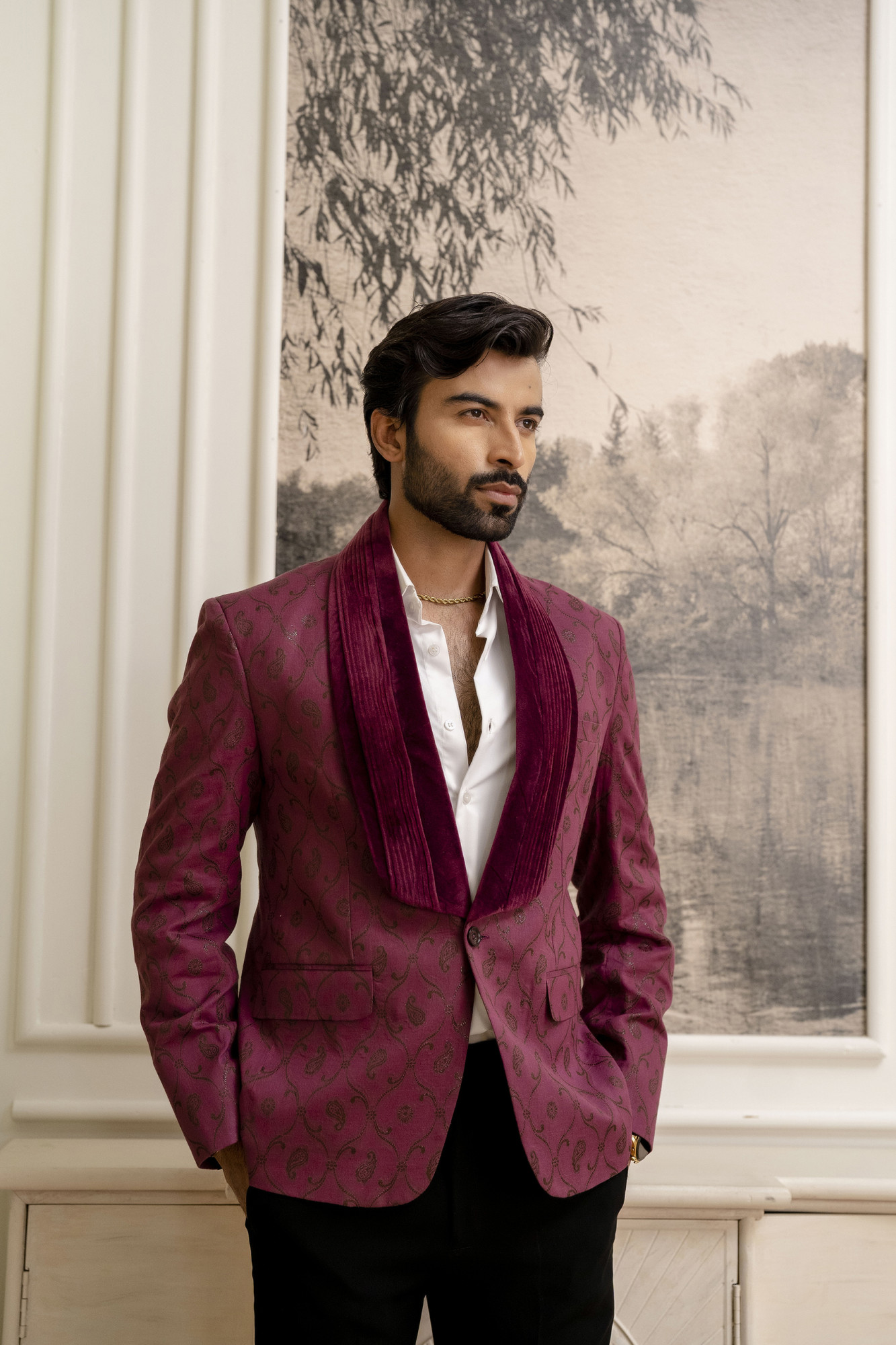 Cotton Jacquard Blazer In Burgundy