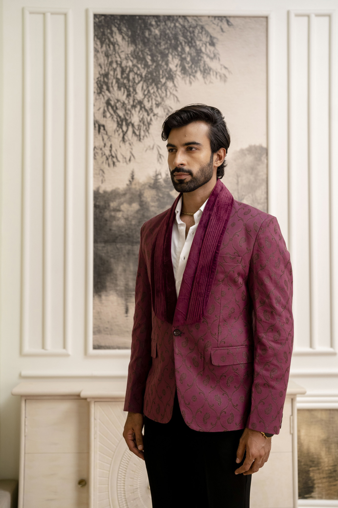 Cotton Jacquard Blazer In Burgundy